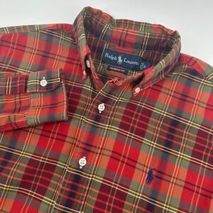 Ralph Lauren Classic Fit Plaid Button Down Shirt Mens Small Red Green Cotton
